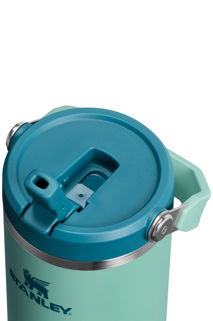 Close-up of a Stanley insulated tumbler with a teal lid and handle, showing the Stanley logo on a mint green body against a white background.#color_spring-green