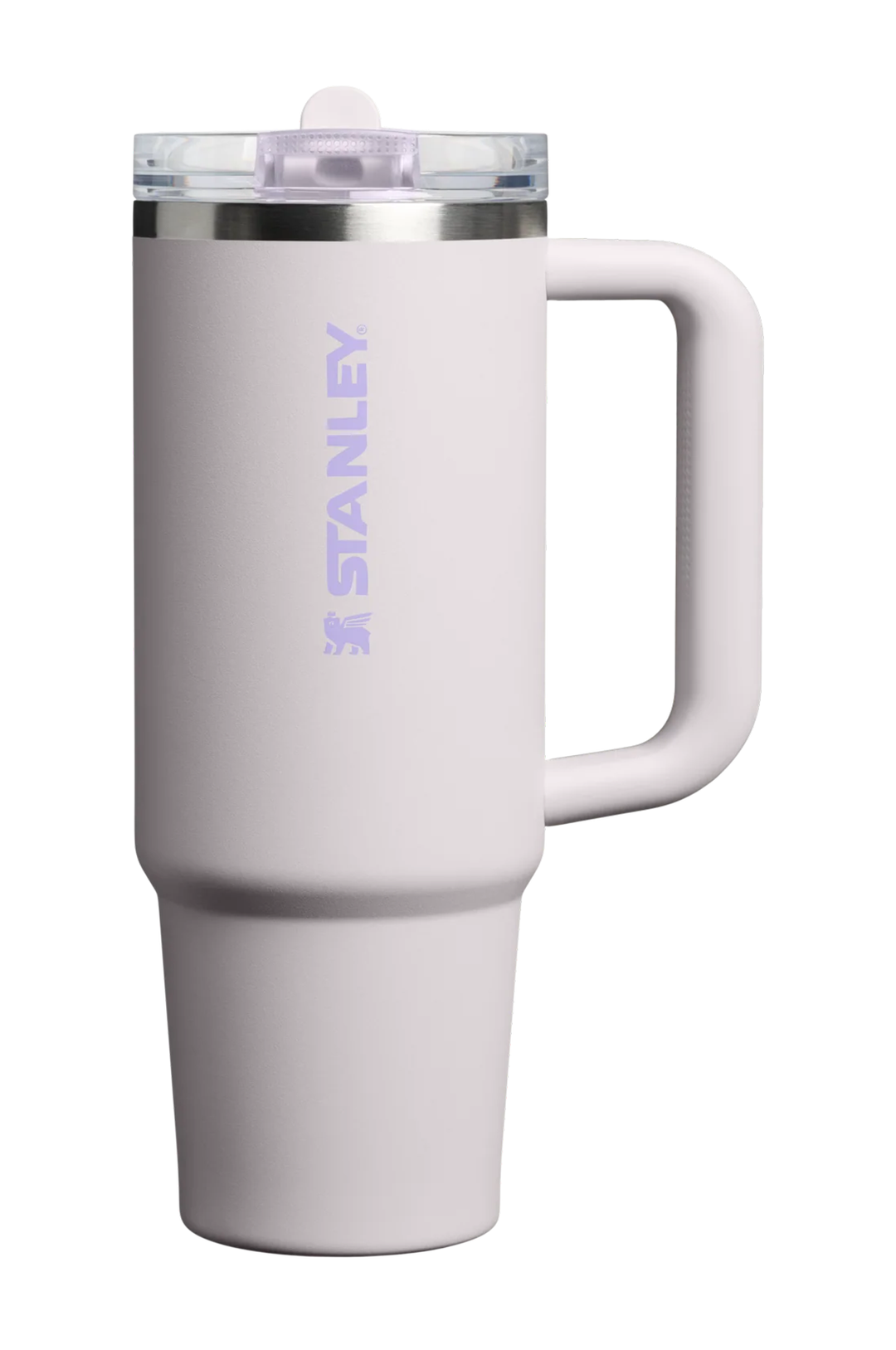 A light lavender Stanley travel mug with a handle, a clear lid, and a silver rim, shown on a solid white background.#color_sahara