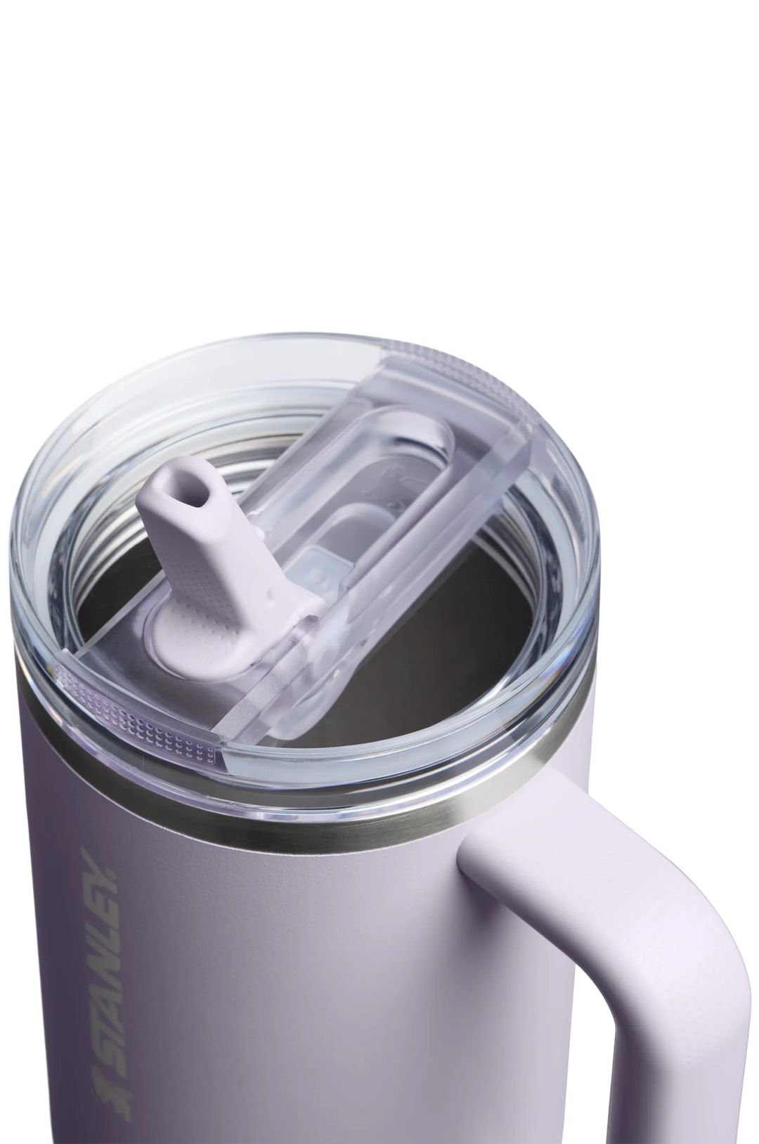 Close-up of a Stanley insulated tumbler with a clear lid and flip-up straw, shown on a white background.#color_purple-dust