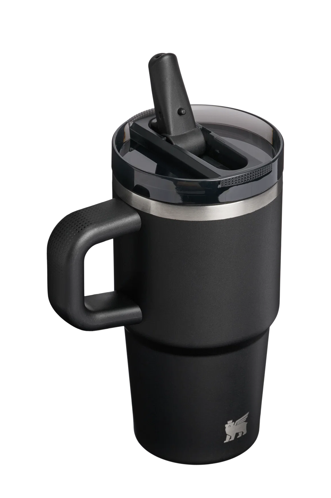 A matte black insulated travel tumbler with a matching black handle and lid, featuring a clear lid with a black flip-up straw and a silver metallic band near the top. A small silver lion logo is visible near the bottom right.#color_black