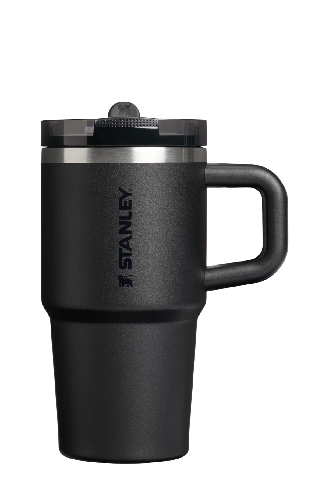 A matte black Stanley travel mug with a matching black lid and handle, featuring the Stanley logo printed vertically on the front, set against a plain white background.#color_black
