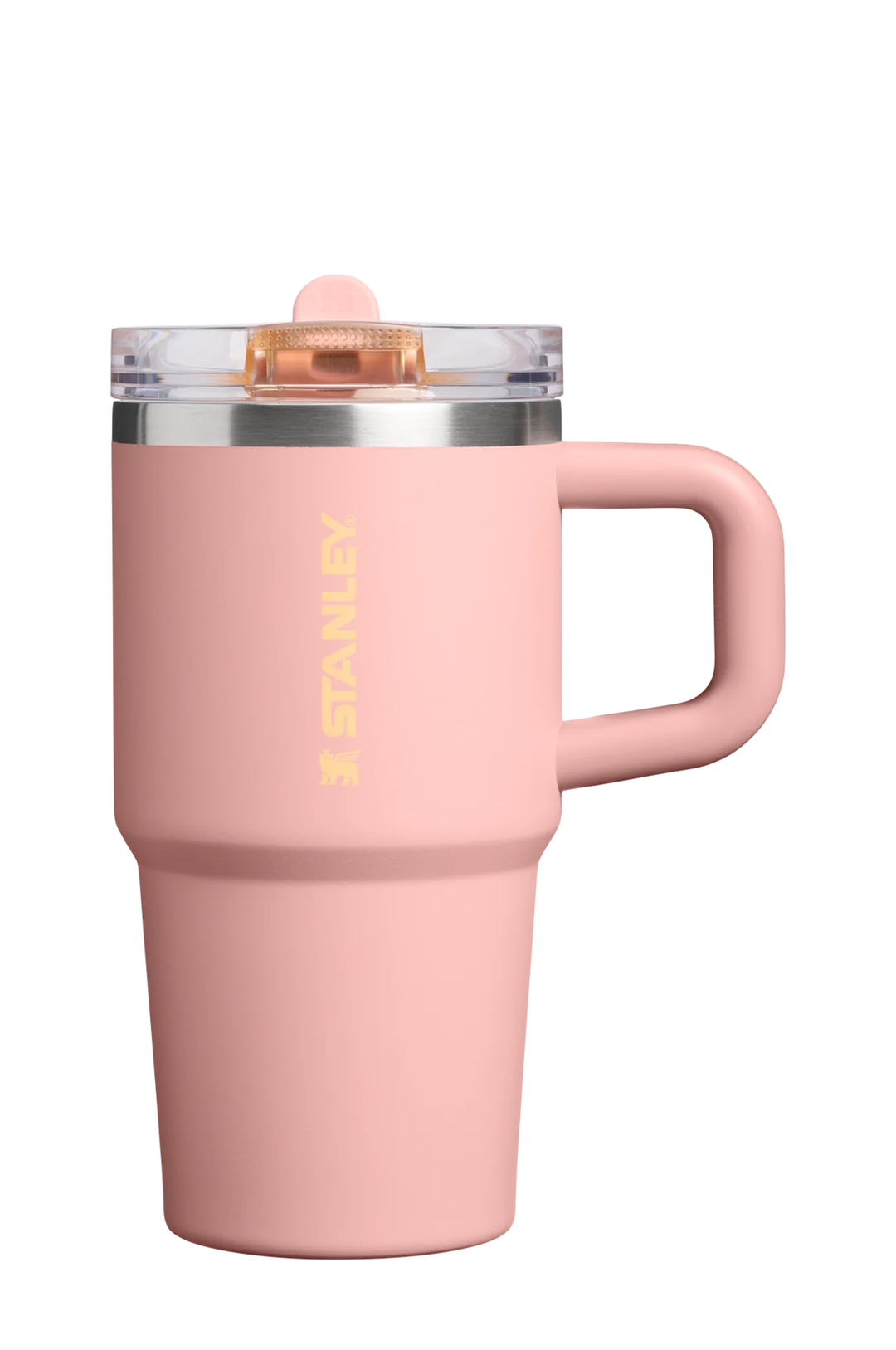 A pink Stanley travel mug with a clear lid, a metallic silver rim, and a gold Stanley logo printed vertically on the side, set against a plain white background.#color_peach-rose