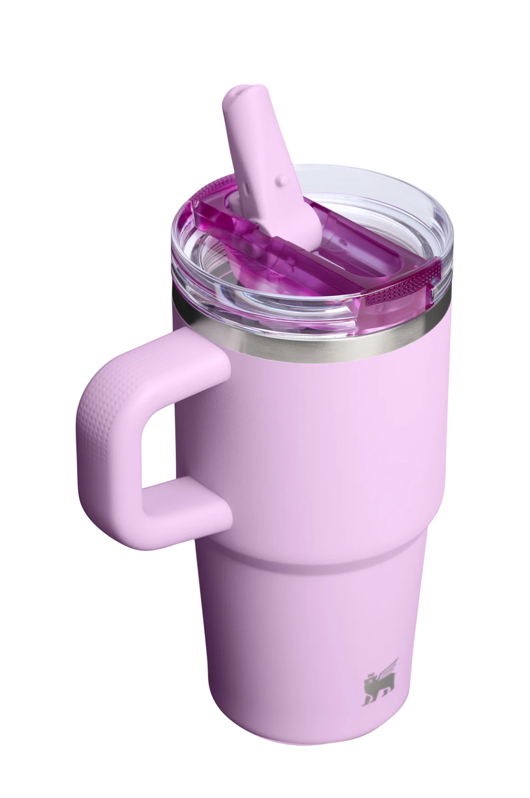 A light pink vacuum-insulated tumbler with a matching pink handle and straw, featuring a clear lid with a pink straw and a silver rim, shown on a white background.#color_soft-orchid
