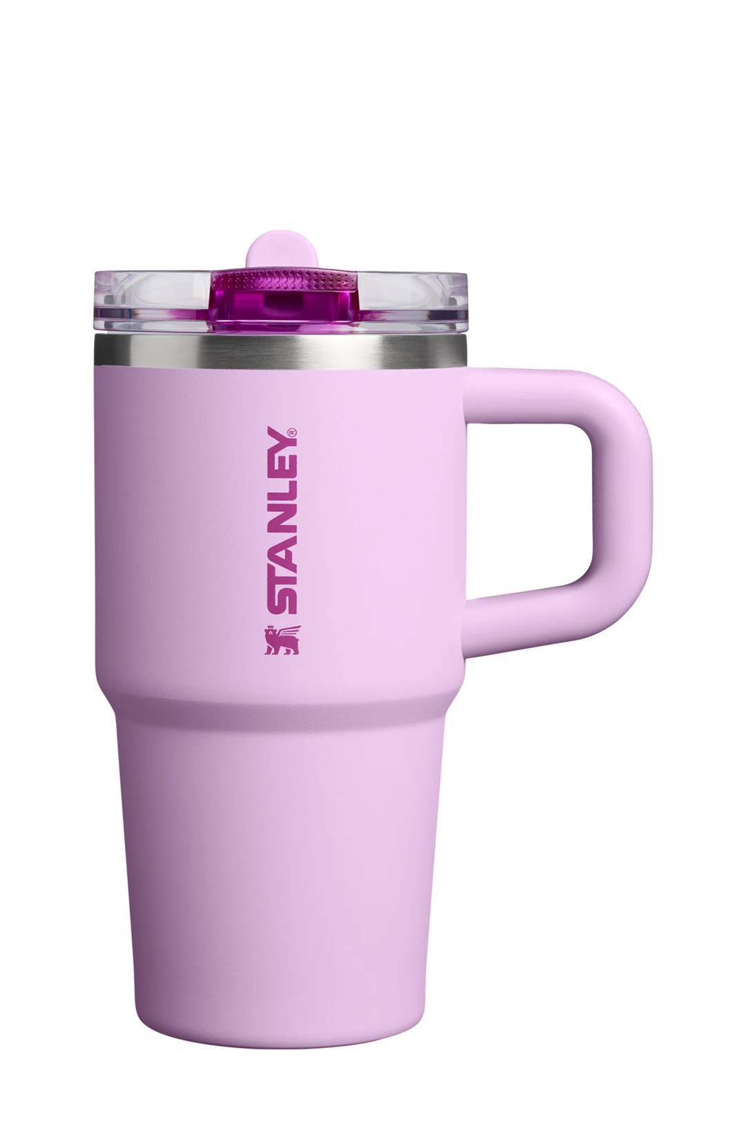 A light purple Stanley travel mug with a matching purple lid and handle, featuring a silver stainless steel rim and the Stanley logo printed vertically on the front.#color_soft-orchid