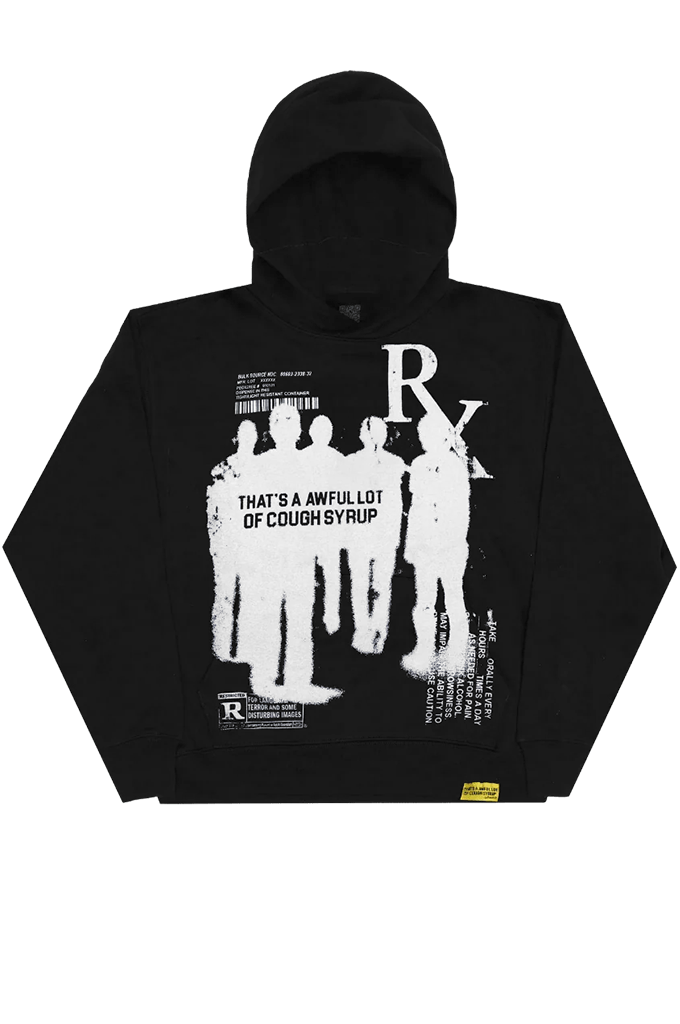 That's A Awful Lot Of Cough Syrup Big Pharma Pullover Hoodie in black with Rx graphic and silhouette details.