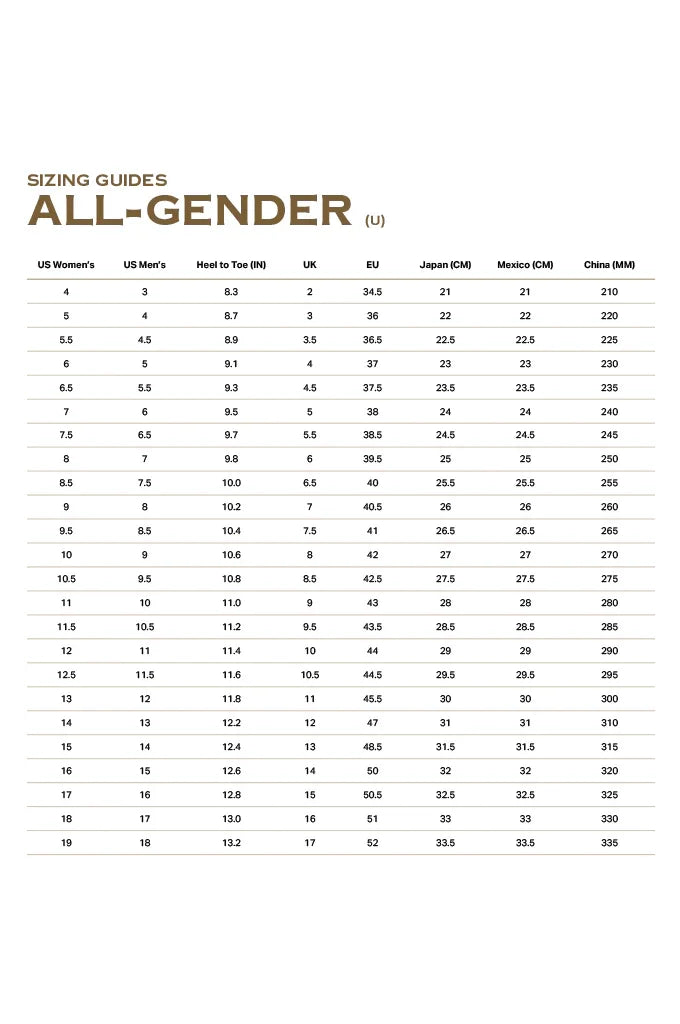 All-gender shoe sizing chart with US, UK, EU, Japan, Mexico, and China measurements for skate and surf gear