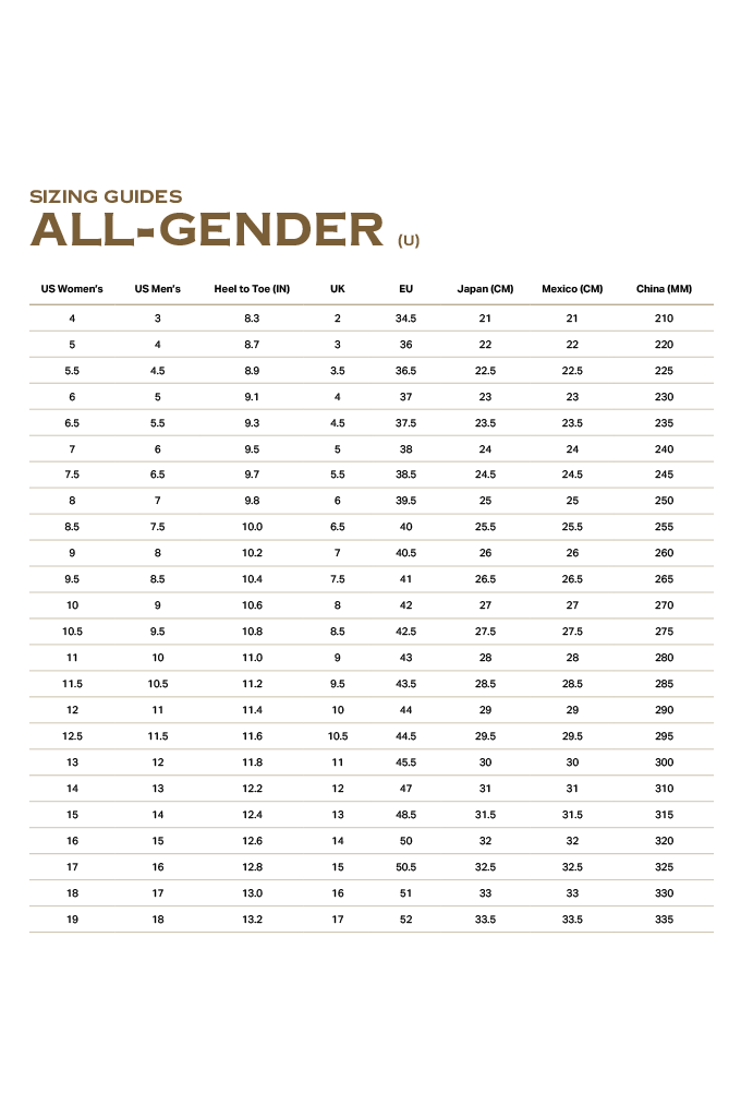 A sizing chart titled 'SIZE GUIDES ALL-GENDER (U)' with a table of height measurements in centimeters and inches for various US, UK, EU, Japan, Mexico, and China sizes.