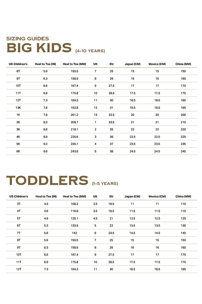 Kids shoe size chart for big kids 4-10 years and toddlers 1-5 years with international measurements