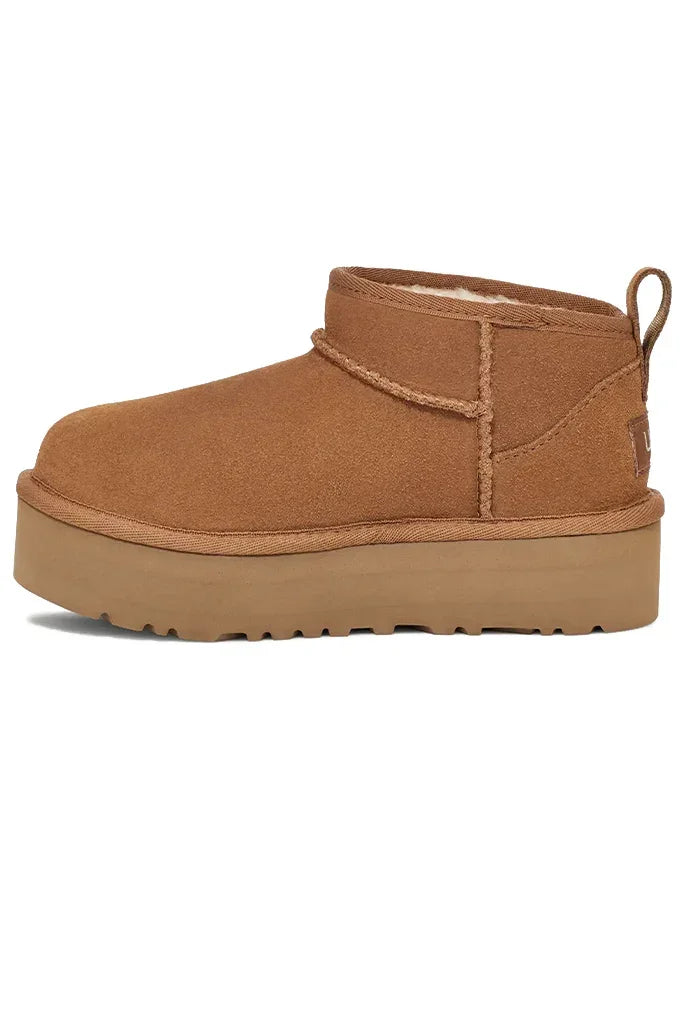Chestnut Brown suede platform boot on a white background