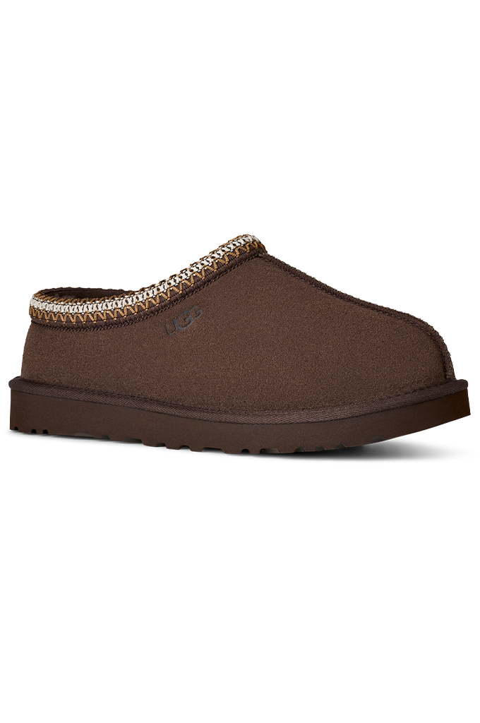 A single brown slip-on clog-style shoe with a textured woven trim around the opening, shown on a plain white background.#color_dusted-cocoa