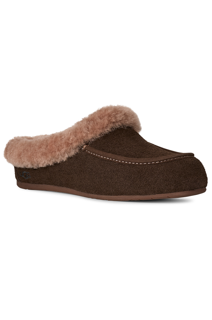 A single dark brown slip-on mule slipper with a soft tan shearling-style collar, shown from a side profile on a plain white background.