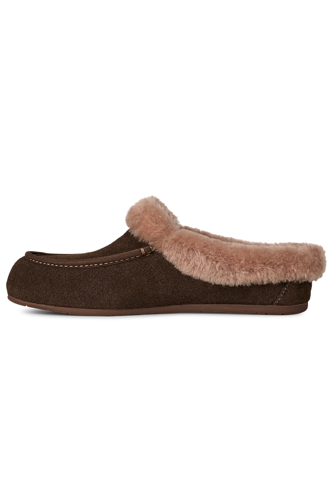 A single dark brown slip-on mule shoe with a soft tan shearling-style collar, shown in profile against a plain white background.
