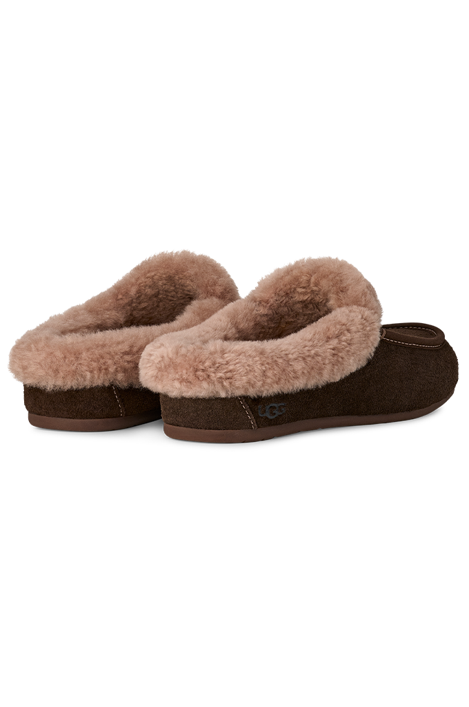 A pair of UGG slip-on slippers featuring a dark brown suede-like exterior and a soft, fluffy light brown shearling lining, shown against a plain white background.