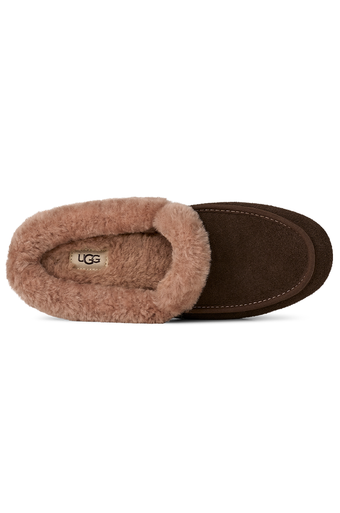 A single UGG slipper shown from a side profile view against a plain white background. The slipper features a dark brown suede-like exterior and a soft, light brown shearling lining.