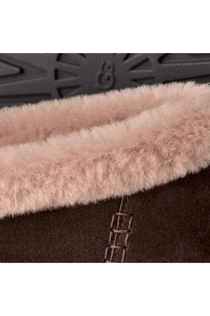 Close-up detail of a brown suede or faux-suede shoe upper with a thick blush pink fluffy shearling-style trim and a dark sole.
