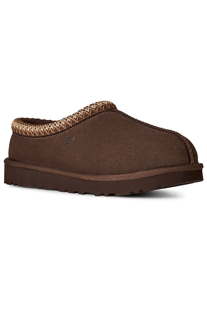A single brown suede slipper with a braided trim around the collar and a thick brown sole, shown from a side profile on a white background.#color_dusted-cocoa
