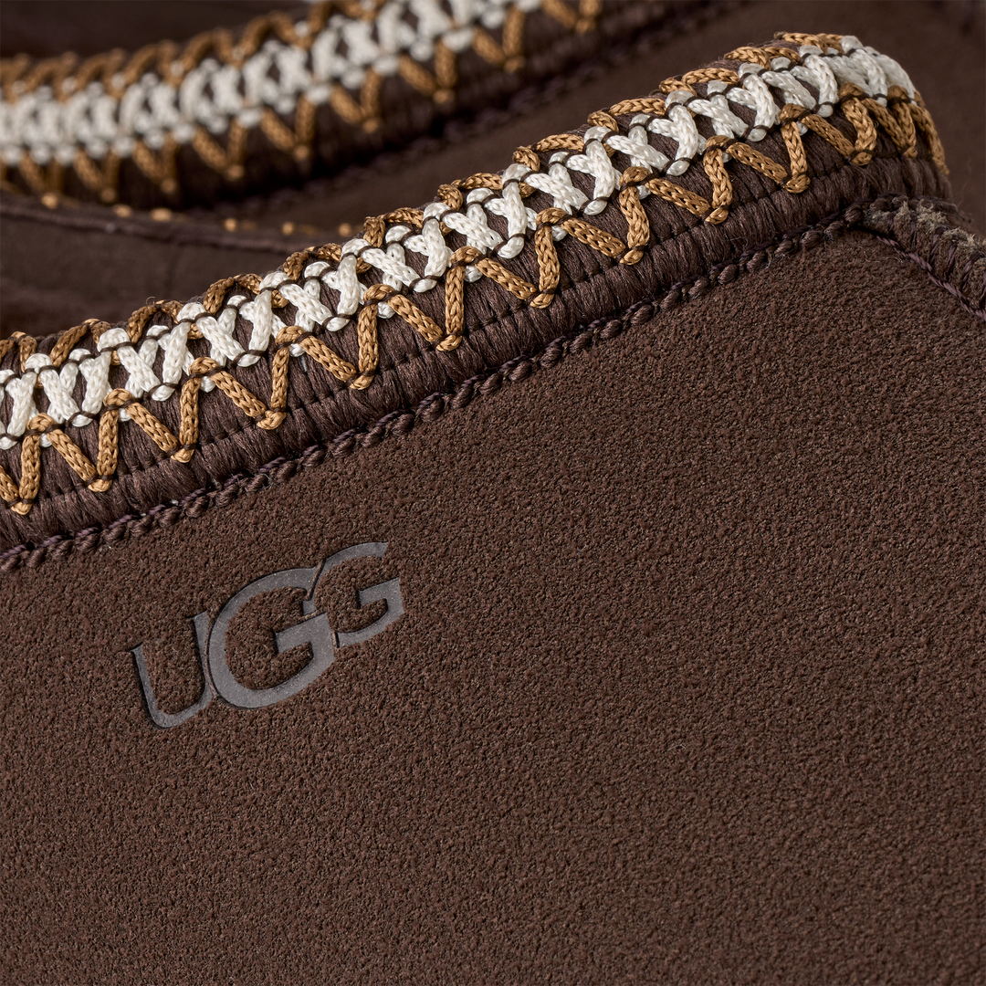 Close-up of brown UGG boot with braided trim#color_dusted-cocoa