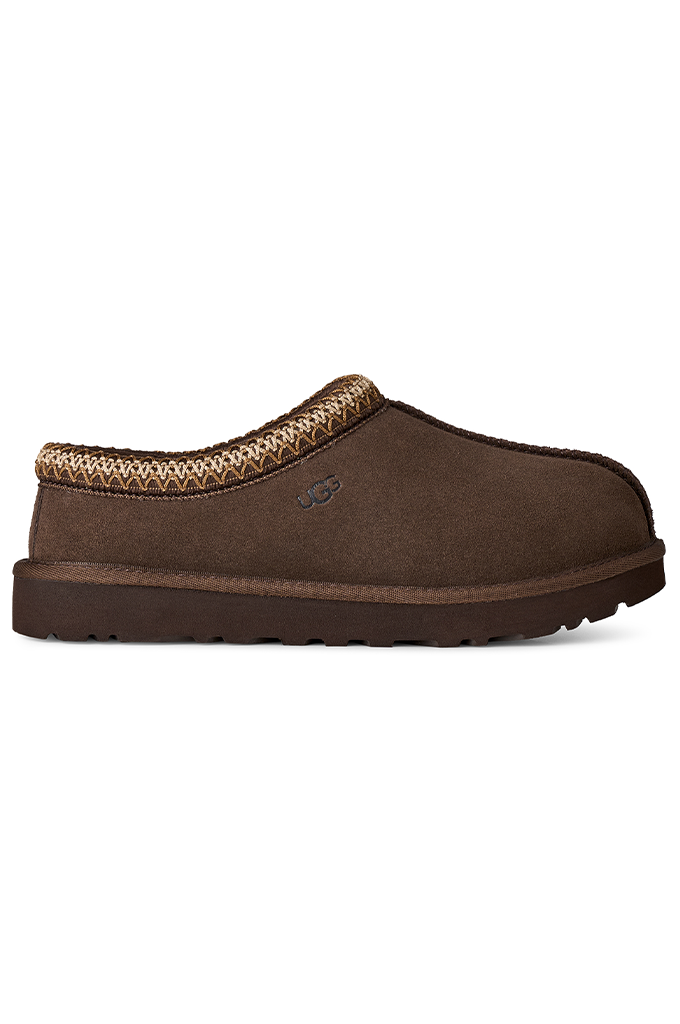 A single brown suede slip-on mule shoe with a braided beige trim around the collar and a dark brown sole, shown against a plain white background.#color_dusted-cocoa