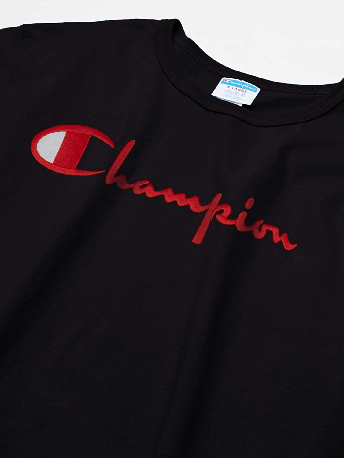 Black champion shirt with red deals logo