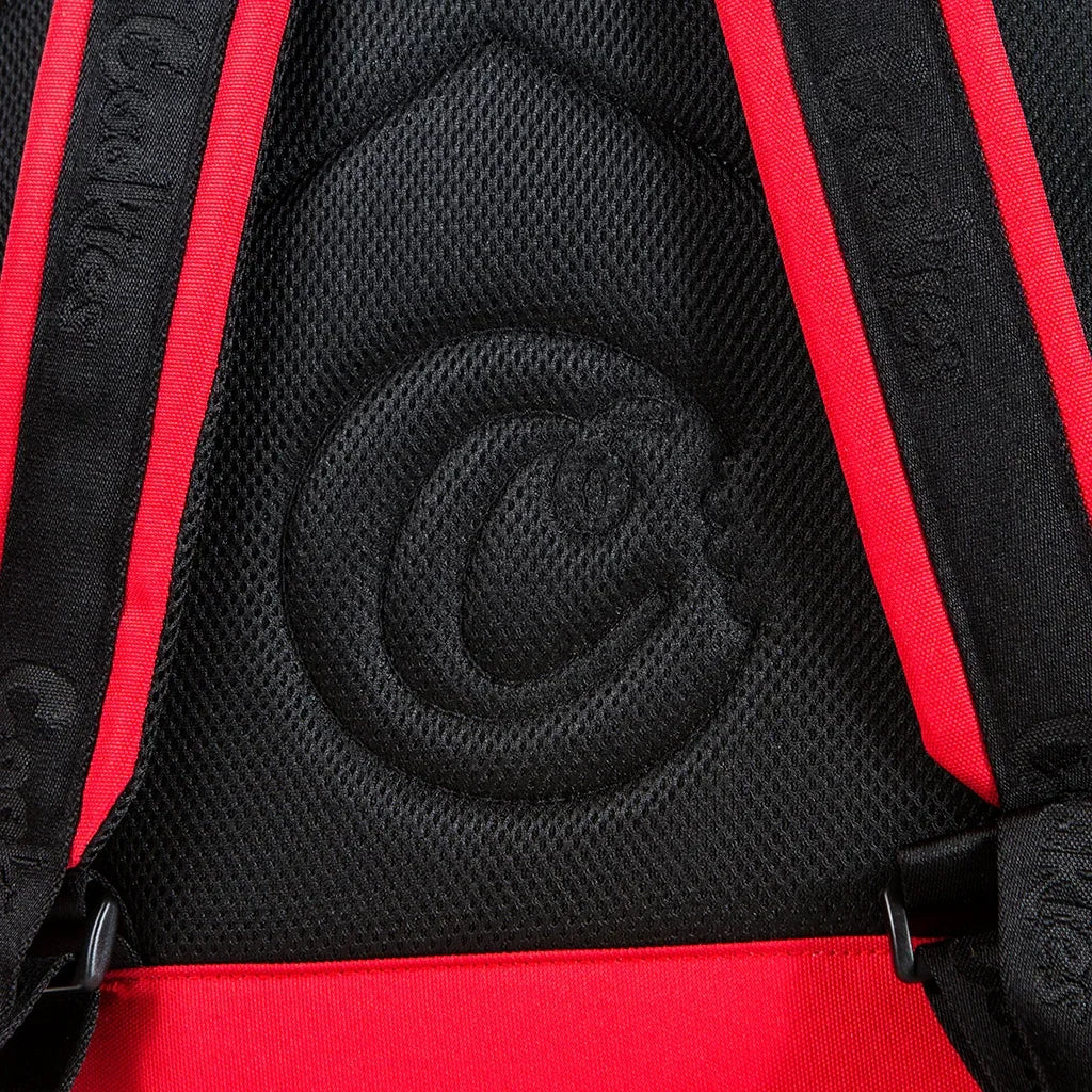 Black and red backpack with padded back panel and shoulder straps for skateboarding or surfing gear