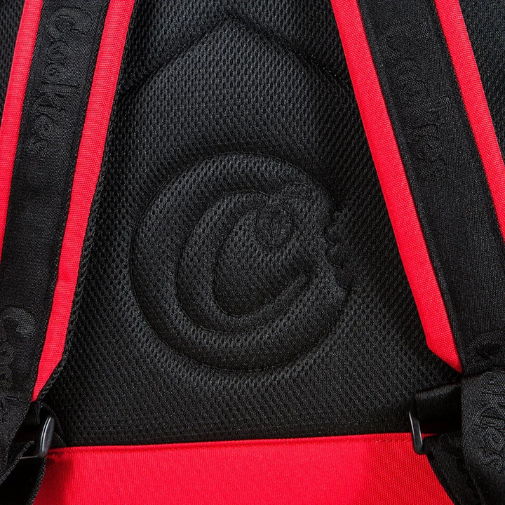 Black and red backpack with padded back panel and shoulder straps for skateboarding or surfing gear