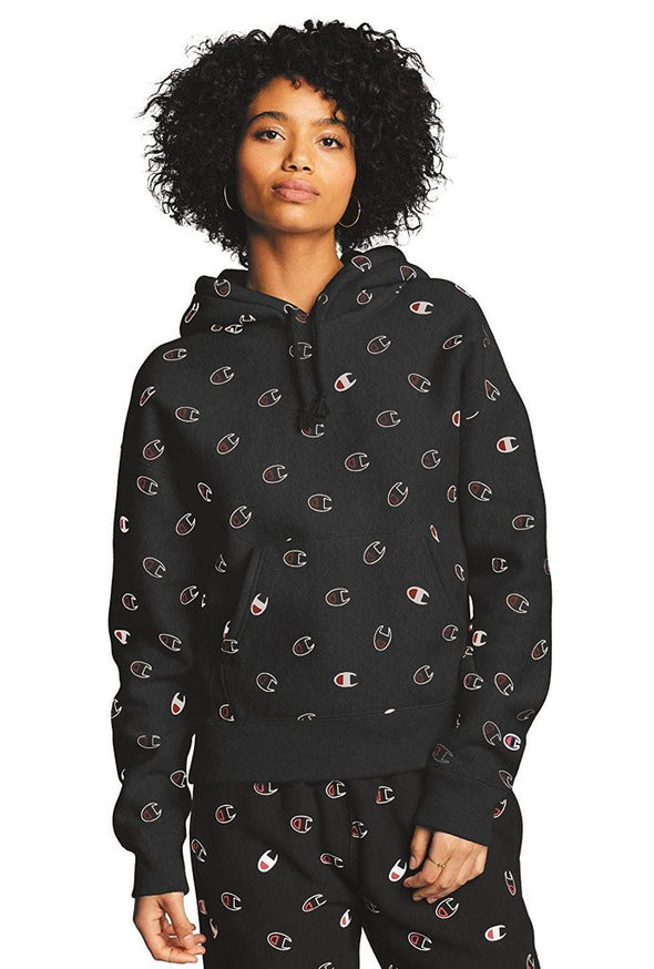 Champion Reverse Weave Pull Over Women's Hoodie, All Over Print Tossed Logo - Mainland Skate & Surf