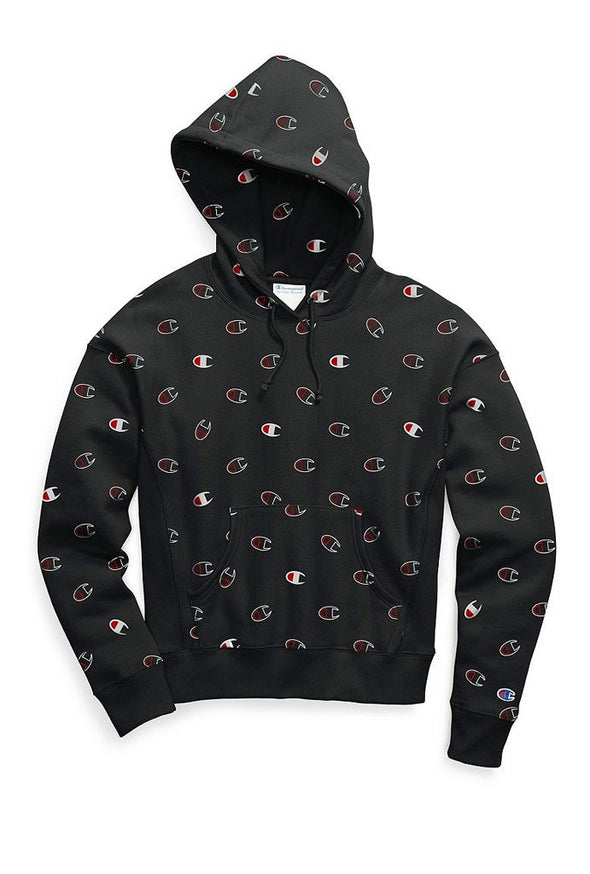 Champion Reverse Weave Pull Over Women's Hoodie, All Over Print Tossed Logo - Mainland Skate & Surf