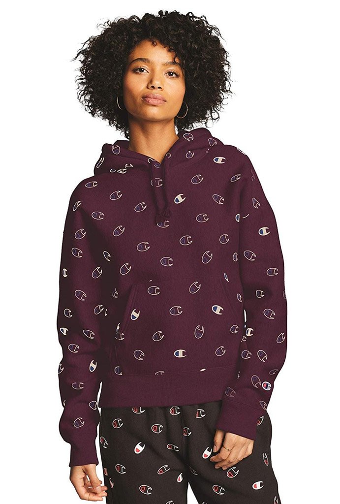 Champion Reverse Weave Pull Over Women's Hoodie, All Over Print Tossed Logo - Mainland Skate & Surf