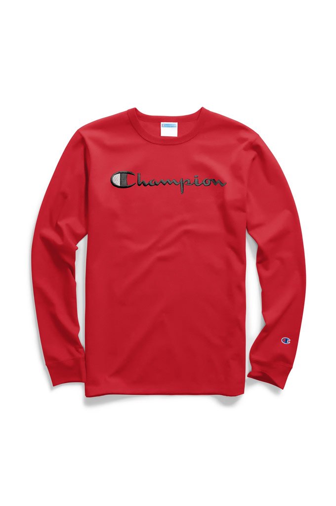 Champion Mens Heritage Script Long Sleeve T Shirt Red