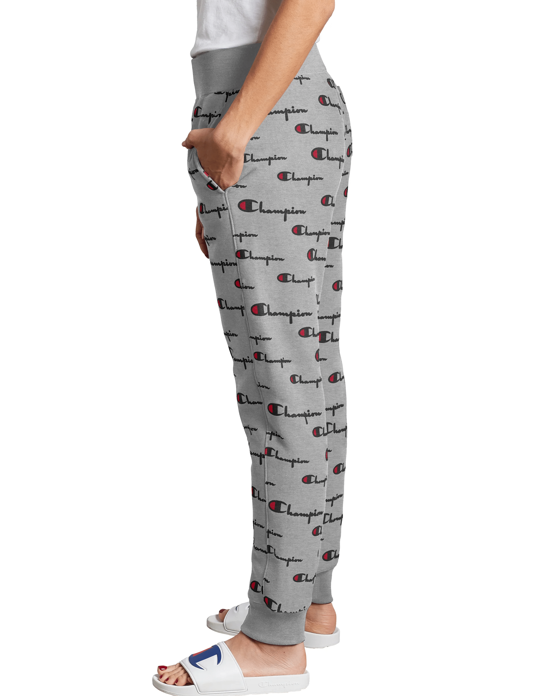 Grey champion sweatpants sales with logo all over