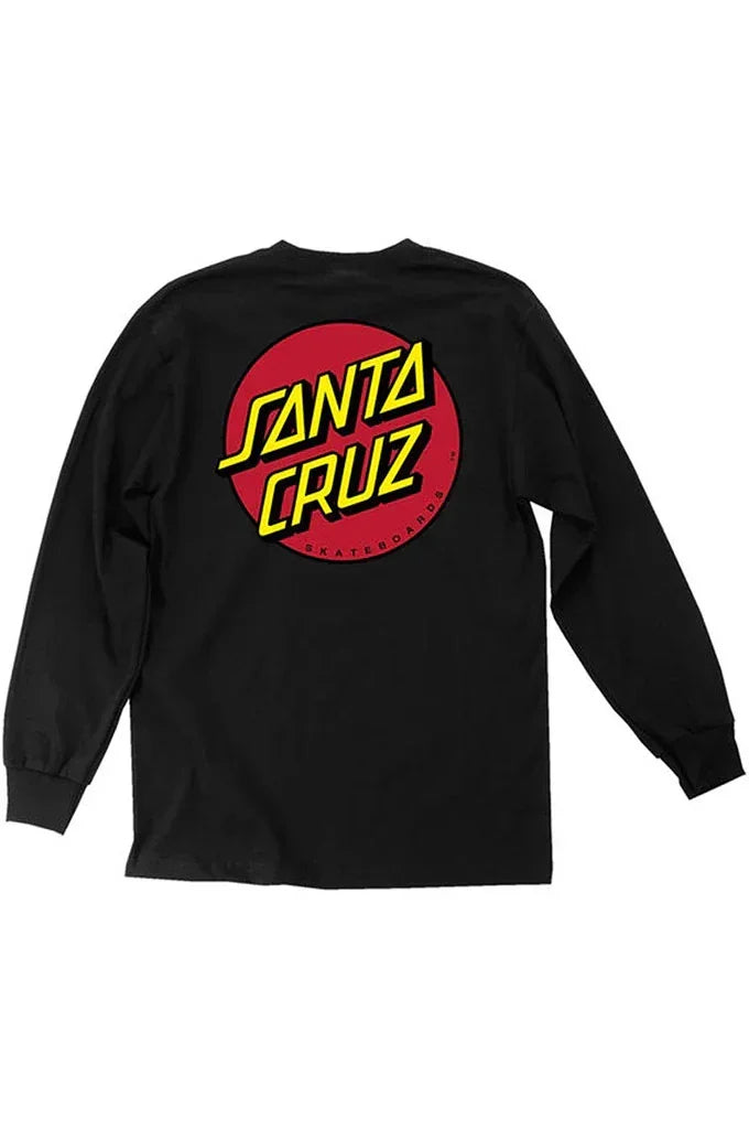 Black Santa Cruz long sleeve shirt with classic red dot logo, ideal for skateboarding and streetwear style.
